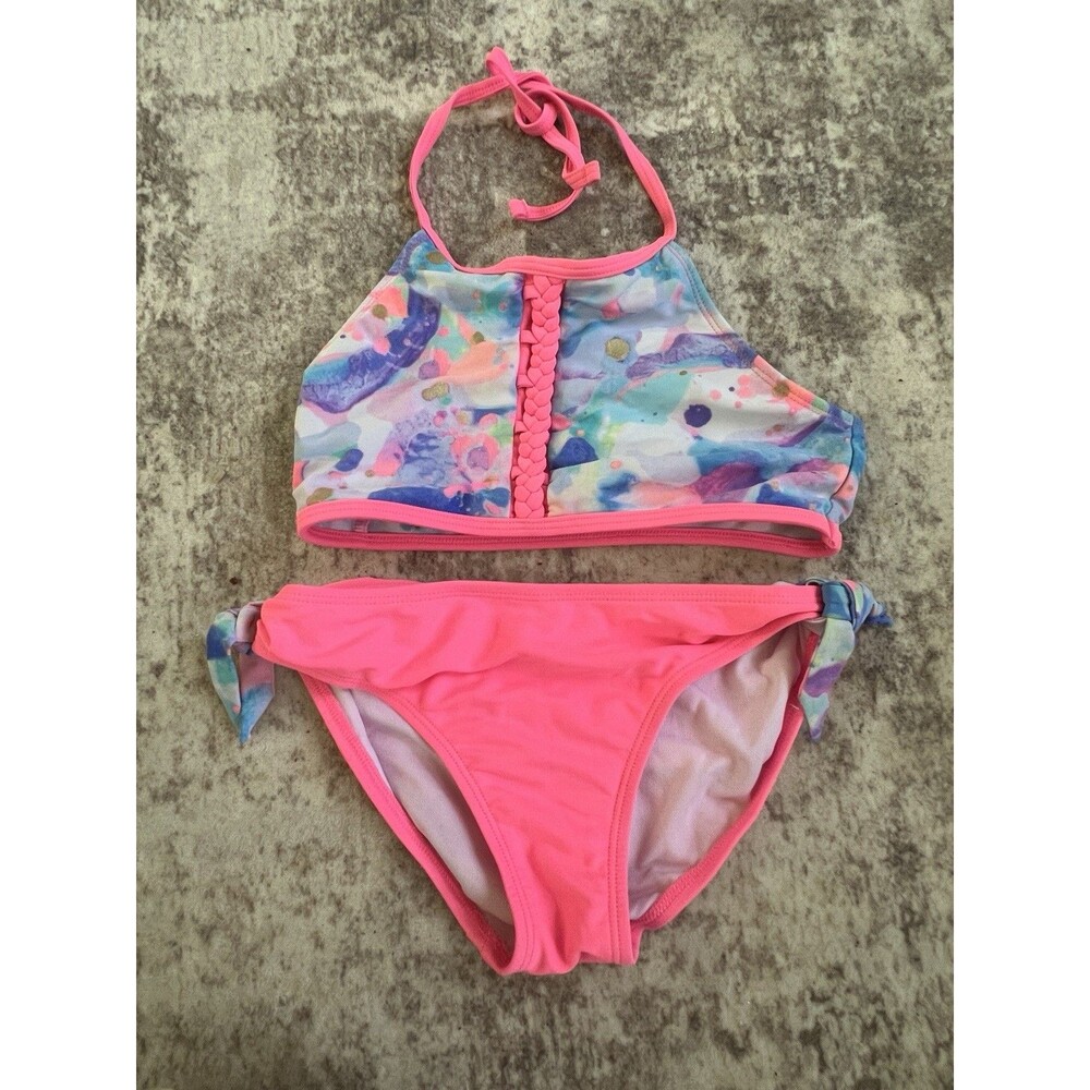 Glitter Beach Bikini Girls Neon Pink Halter set Tye Die Top